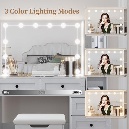 Diwnnue Farmhouse Mirror Large Vanity Desk with LED Bulbs, Makeup Vanity Table Set with Glass Tabletop, Charging Station & Power Outlet, Adjustable Lighting Modes, Bedroom, White - WoodArtSupply