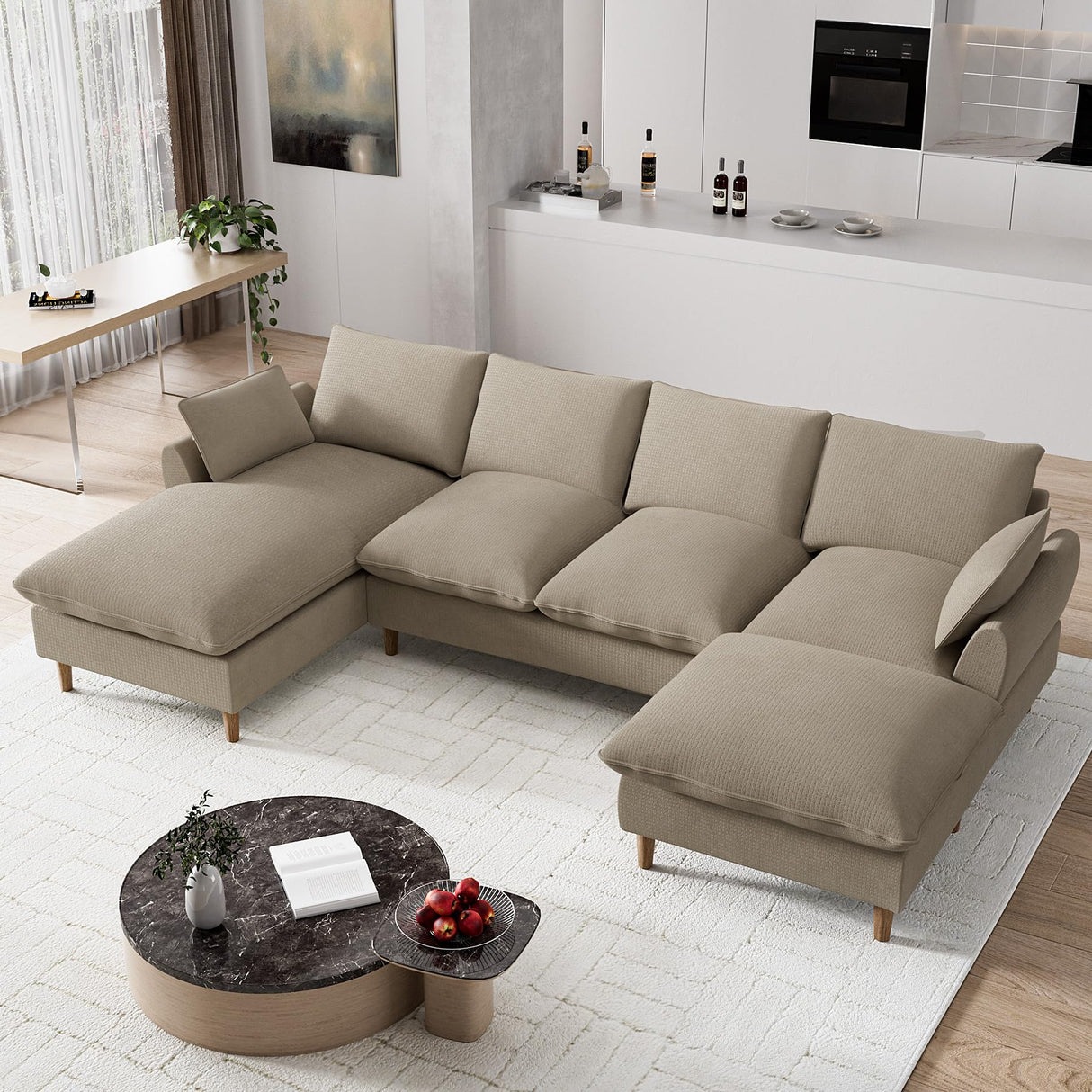 Nolohoo Cloud Couch Sectional Sofa, Modern Large Modular Sofas with Chaise, Convertible Ottoman, 112" Comfy Fluffy U Shape Sectional Couches for Living Room, Apartment, Light Brown Nolohoo