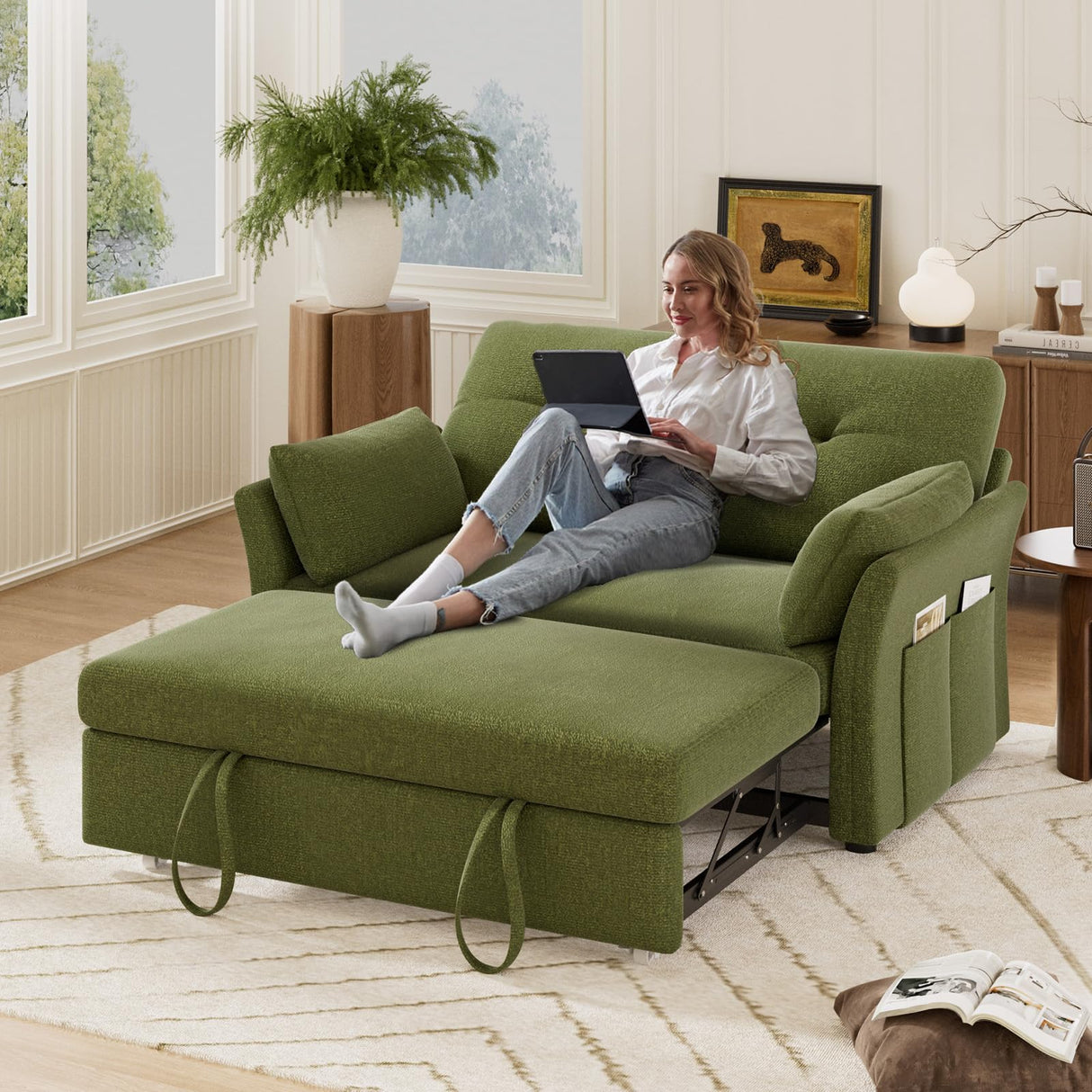 Vipbear 3 in 1 Sleeper Sofa Bed, Pull Out Couch with Reclining Backrest, Convertible Loveseat with Side Pocket, Tool-Free Assembly, Modern Chenille Loveseat for Living Room, Apartment, Green Vipbear
