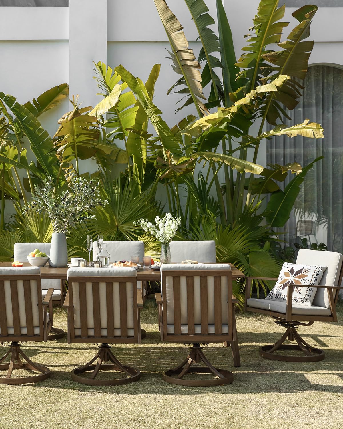 SEEHILL 9 Pieces Patio Dining Set for 8, Outdoor Aluminum Dining Furniture Set with Umbrella Hole, All-Weather Outdoor Patio Table Sets with 8 Swivel Chairs and Table for Deck Backyard Poolside, Teak SEEHILL