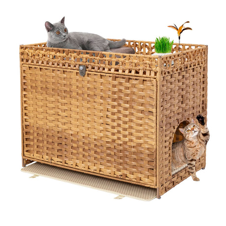 Cat Litter Box Enclosure Furniture Hidden with Soft Mat,Handwoven Rattan Cat House with Door for Large Cats Stylish Hidden Washroom Furniture for Living Room, Bedroom, or Balcony,Natural KOUSEI