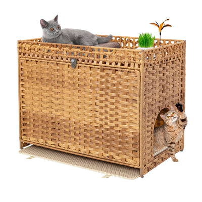Cat Litter Box Enclosure Furniture Hidden with Soft Mat,Handwoven Rattan Cat House with Door for Large Cats Stylish Hidden Washroom Furniture for Living Room, Bedroom, or Balcony,Natural