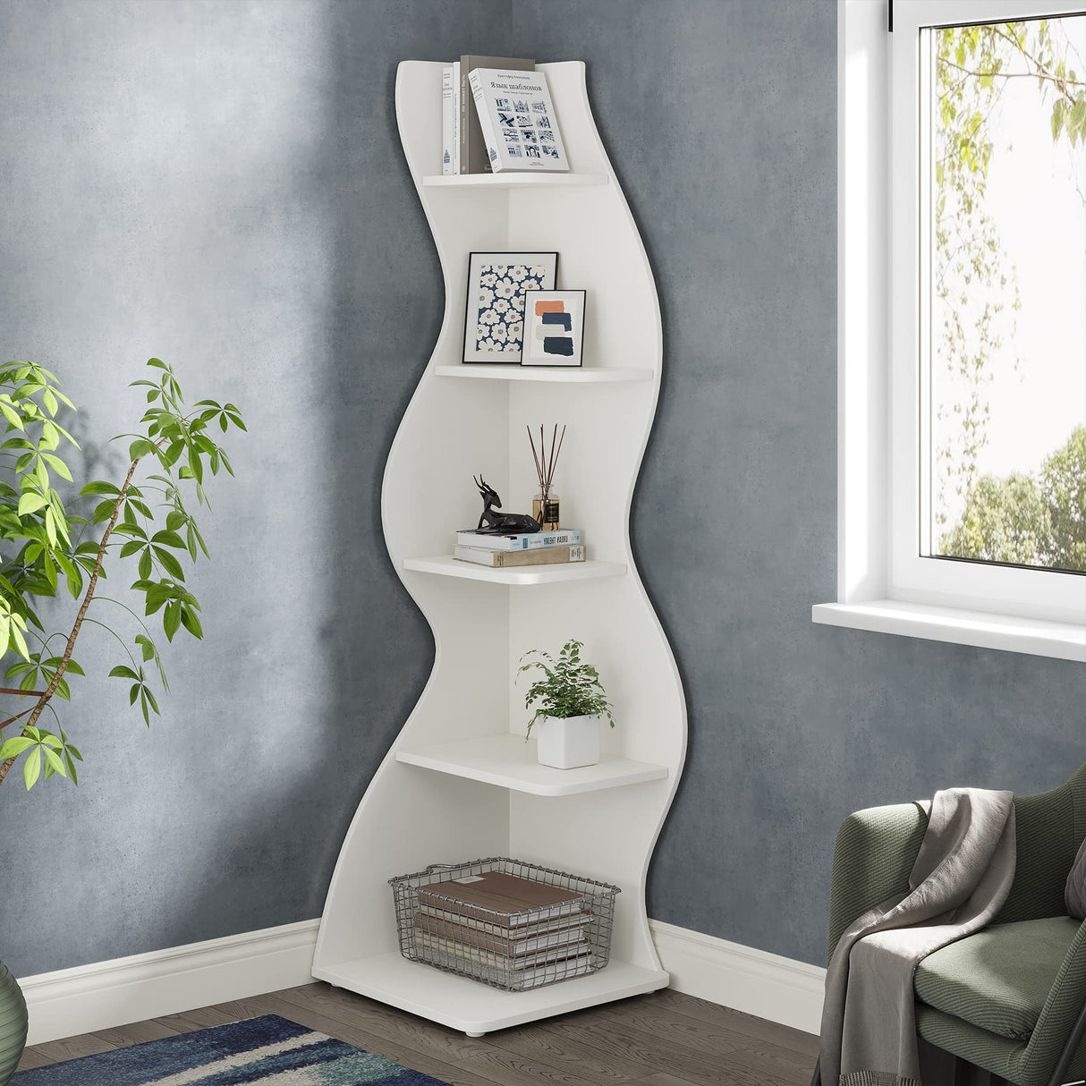 Tribesigns Corner Shelf, Modern 5-Tier Wall Corner Bookshelf, Stylish Corner Small Bookcase Storage Rack Plant Stand with Unique Shape for Living Room, Home Office (White, 1PC) Tribesigns