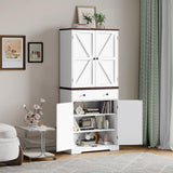 ONBRILL 71" Tall Farmhouse Kitchen Pantry with 6 Door Shelves & Drawer, Wood Pantry Storage Cabinet with 2 Adjustable Shelves & 4 Barn Doors, Freestanding Cupboard for Kitchen, Dining Room, White ONBRILL