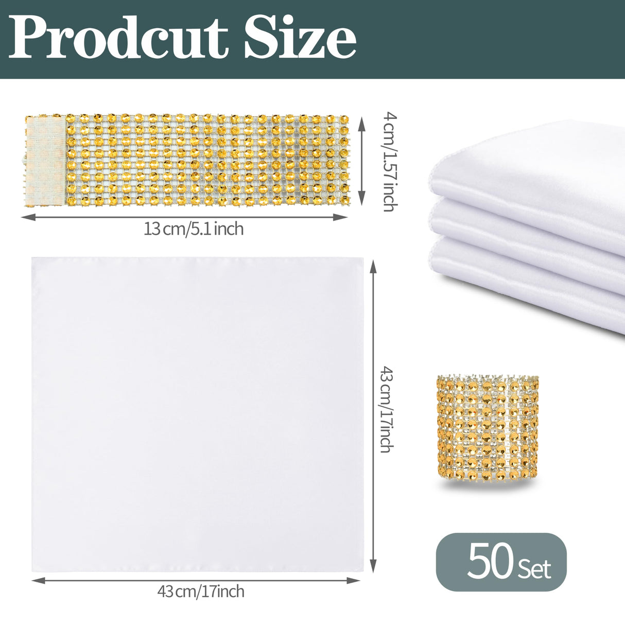 RUDONG M 100 Pcs White Satin Napkins and Napkin Rings Set, 17 x 17 Inch Square Cloth Napkins Set of 50, Silky Soft Table Napkins Bulk for Weddings, Banquet, Parties Dinner Decoration RUDONG M