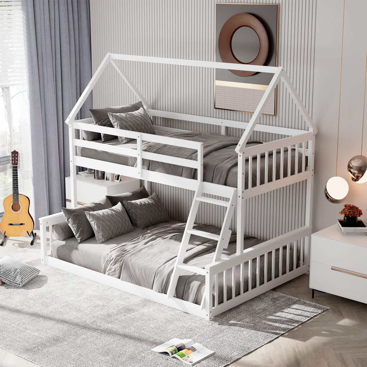 Giantex Twin Over Full Solid Wood House Bunk Bed with Safety Guardrails & Integrated Ladder - Convertible Design in White Giantex