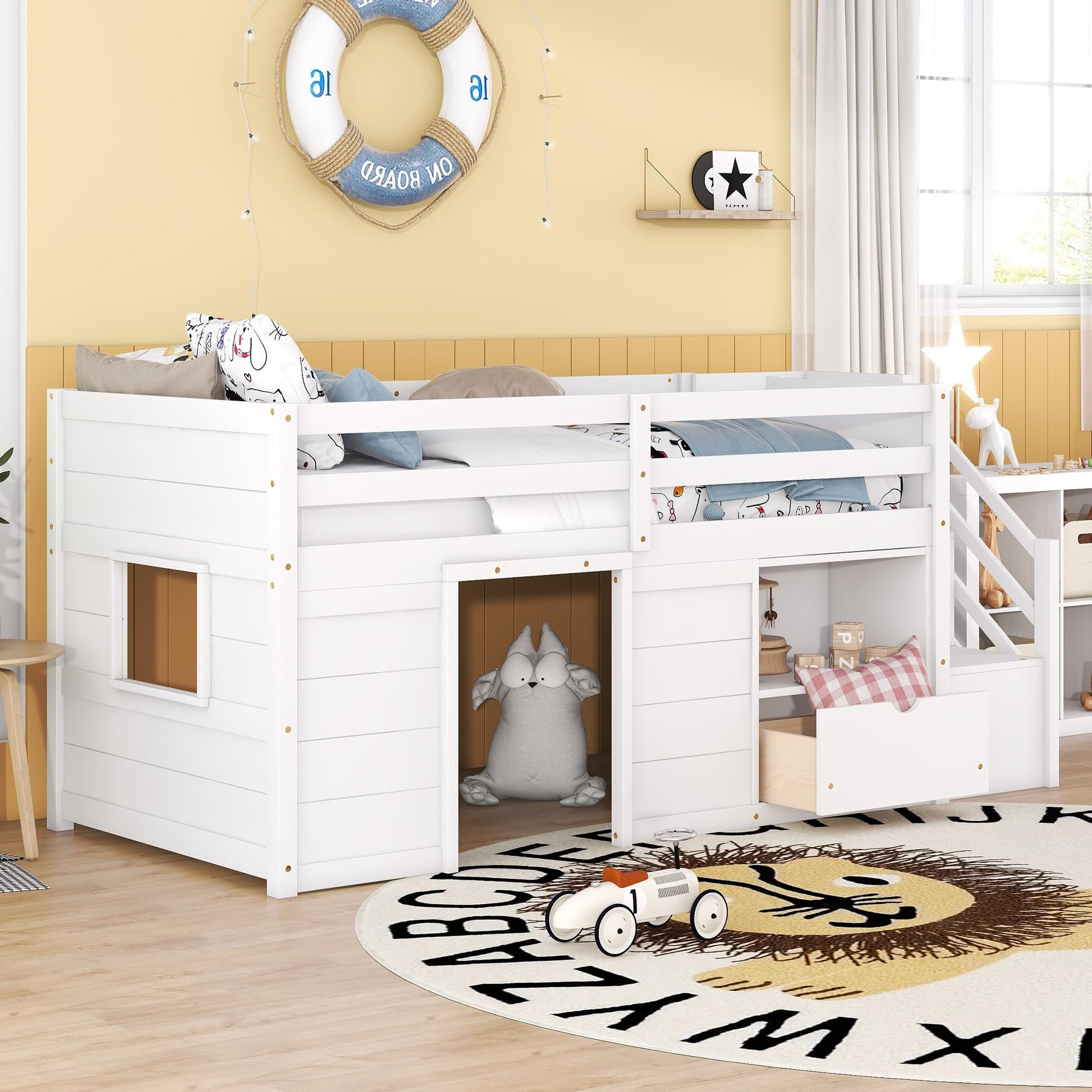 Harper & Bright Designs White Twin Size Low Loft Bed with Storage and Stairs for Kids - WoodArtSupply