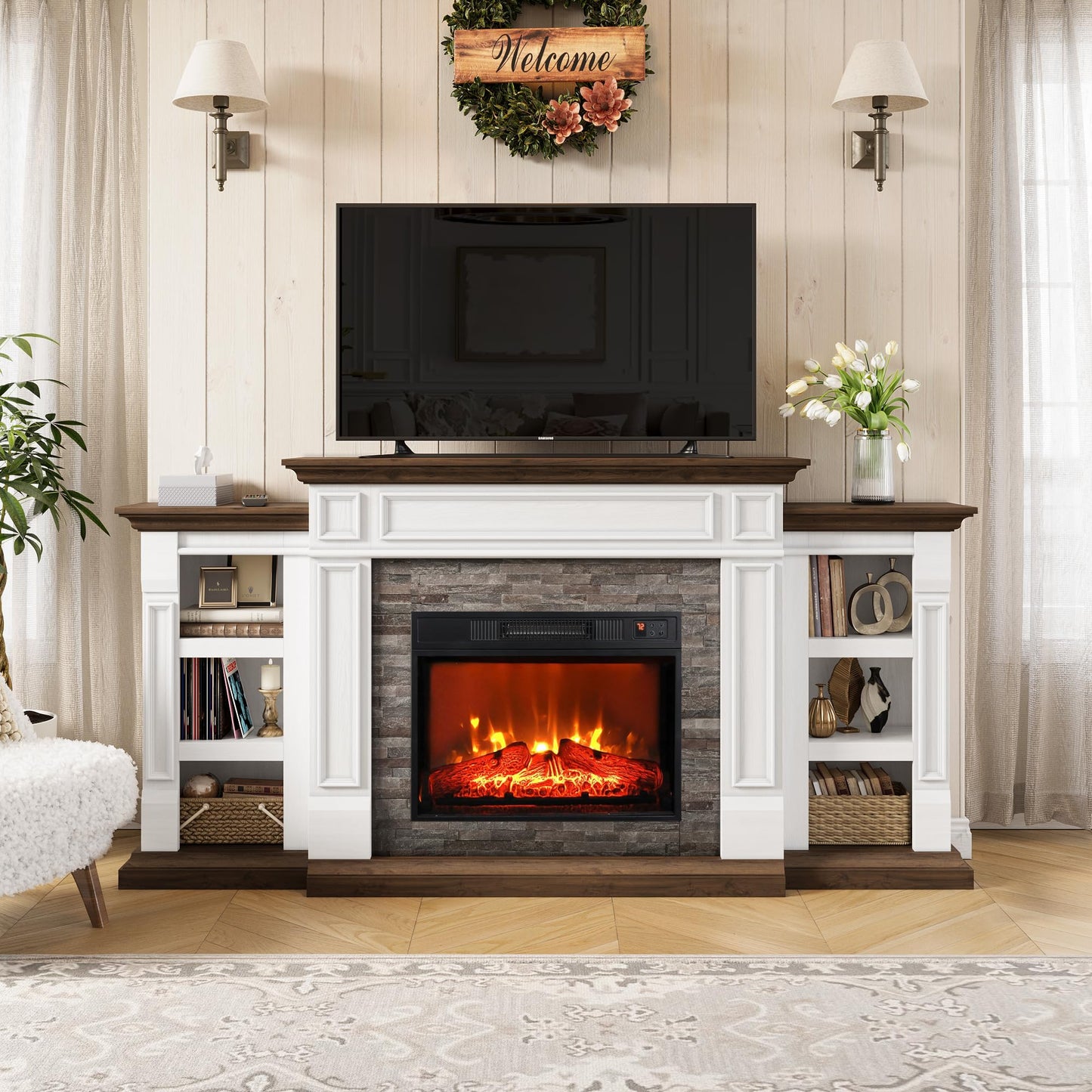 70" Electric Fireplace with Mantel, Fireplace TV Stand for TVs Up to 80 Inch, Farmhouse Entertainment Center with Storage, Realistic Stacked Stone Surround with Remote Control for Living Room,Bedroom