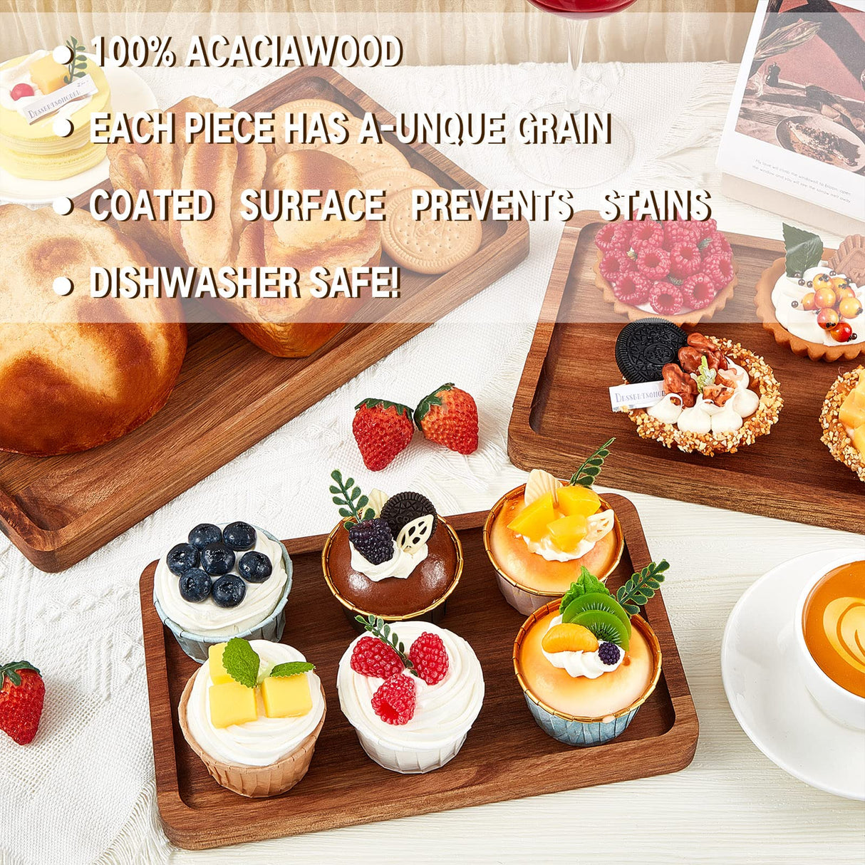 6 Pcs Wooden Tray Wood Serving Tray Set Wood Board for Food Rectangular Wooden Serving Platters Wooden Plates Serving Board for Cheese Appetizer Charcuterie Food Vegetables Dessert Home Party, 3 Sizes Qunclay