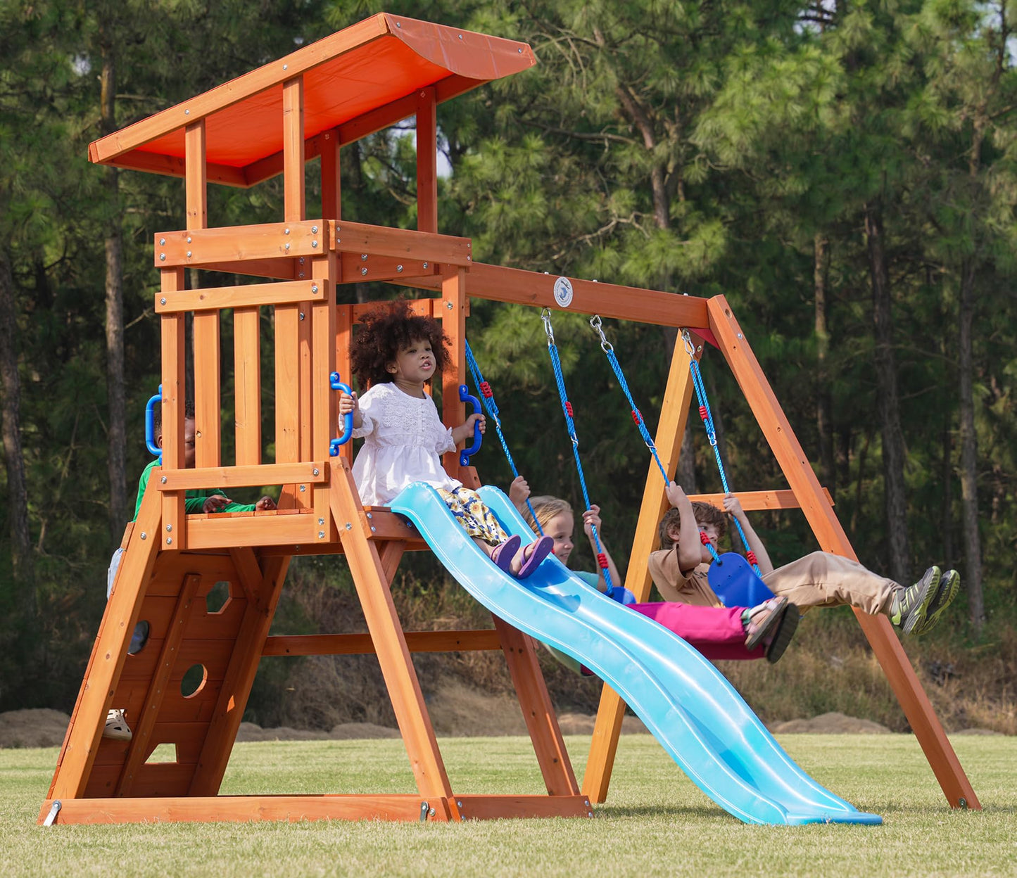 Dolphin Playground Wooden Swing Sets for Backyard, Playground Sets for Backyards with Slide, Sandbox, Climbing Wall, and 2 Belt Swings, Outdoor Playset, Backyard Playground Set, Ages 2-6