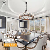 Benkut Farmhouse Wagon Wheel Chandelier 31" Black Rustic Light Fixtures 12-Light Wood Round Chandelier for Dining Room Living Room Entryway Foyer Benkut