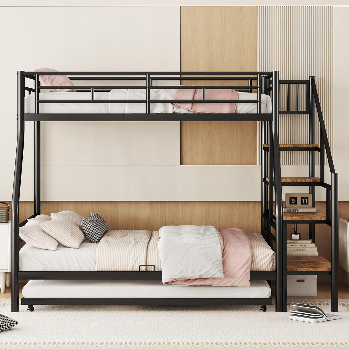 Twin Over Full Metal Bunk Beds with Trundle,Heavy-Duty Metal Bunk Bed Frame with Storage Staircase for Kids,Teens,Adults,Space-Saving,Black Bellemave
