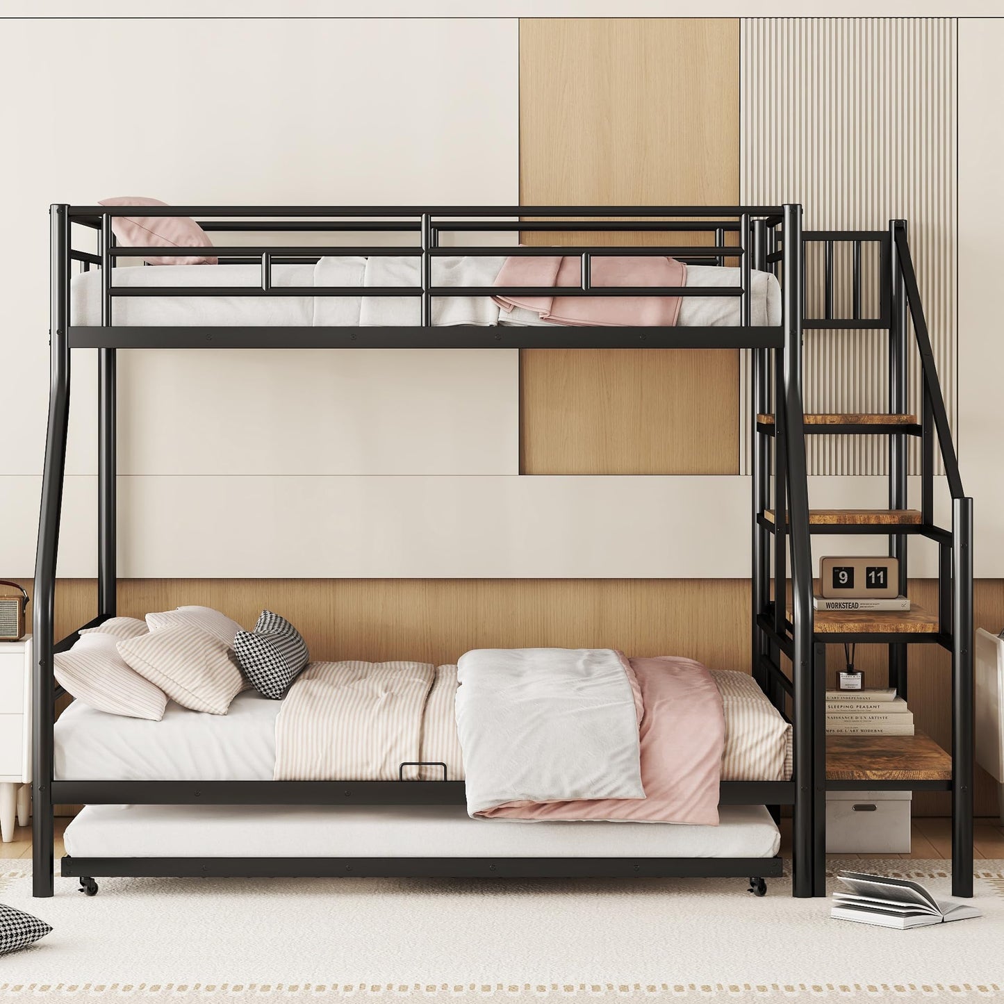 Twin Over Full Metal Bunk Beds with Trundle,Heavy-Duty Metal Bunk Bed Frame with Storage Staircase for Kids,Teens,Adults,Space-Saving,Black