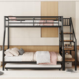 Twin Over Full Metal Bunk Beds with Trundle,Heavy-Duty Metal Bunk Bed Frame with Storage Staircase for Kids,Teens,Adults,Space-Saving,Black Bellemave