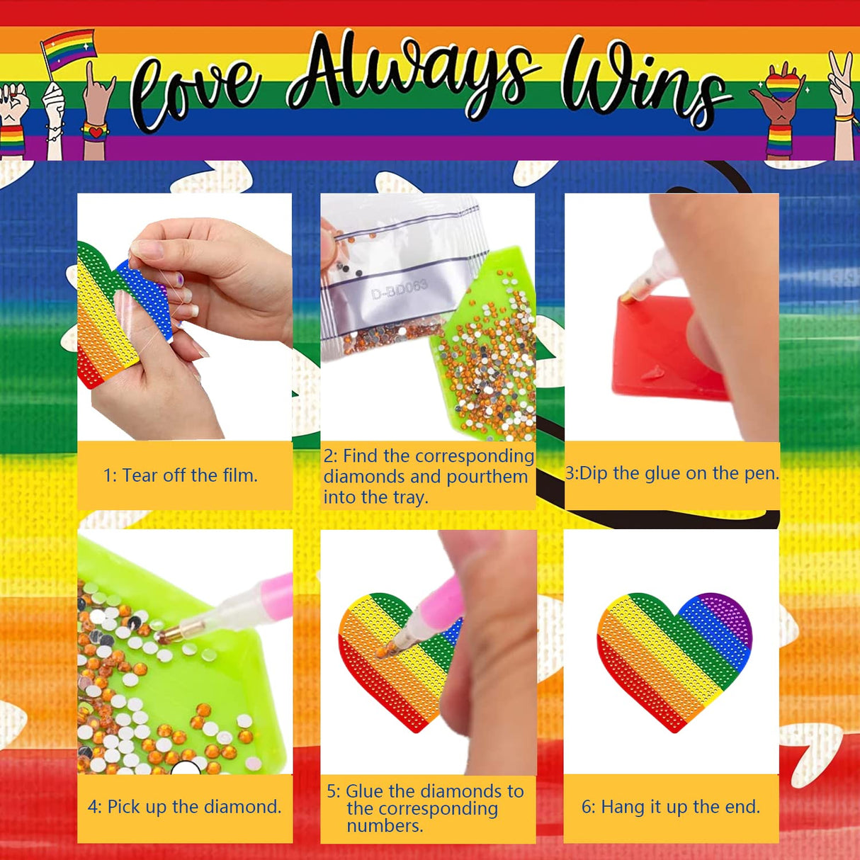 EVECILOO 8 PCS Rainbow Heart Diamond Art Painting Coasters Kits, Pride Month DIY Diamond Coasters with Holder, Gay Pride LGBTQ Coaster for Beginners Adults Art Craft Supplies Gift EVECILOO