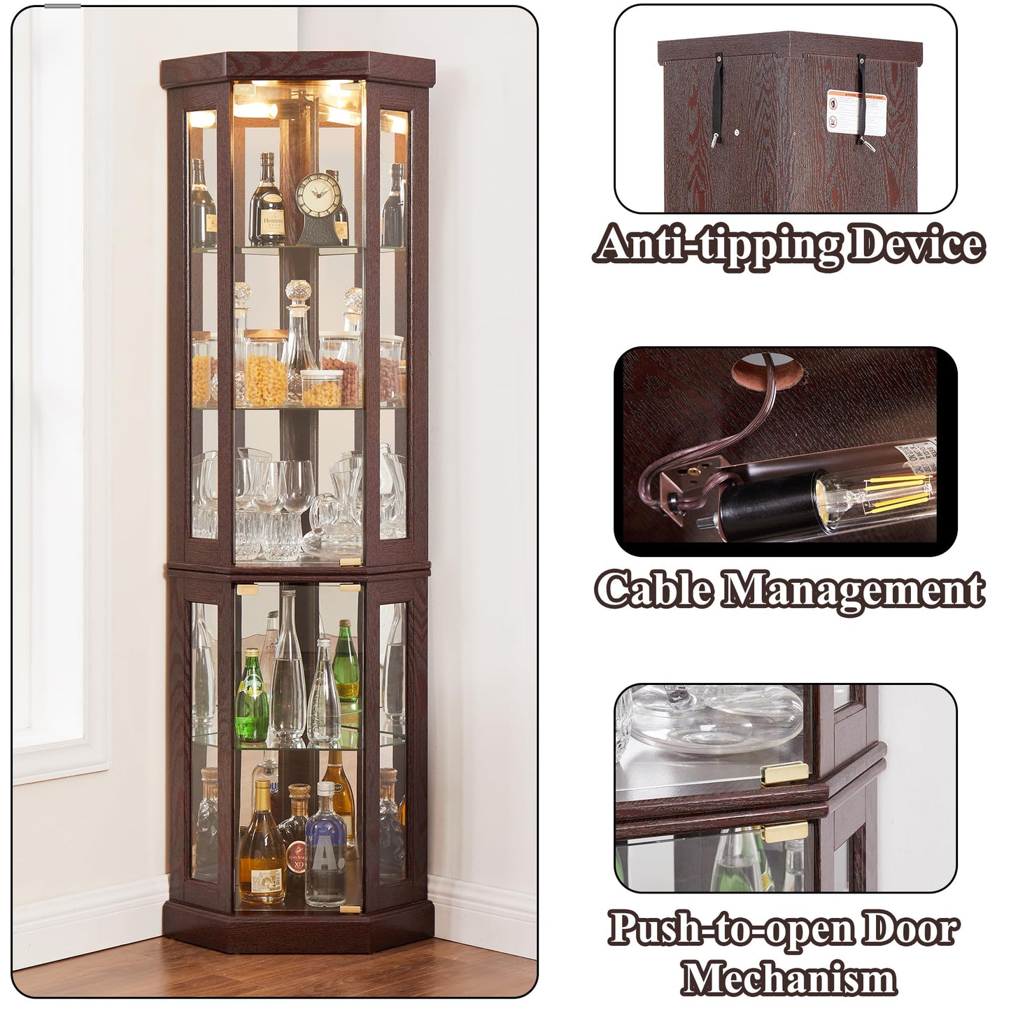 nifoti 69" H Lighted Curio Cabinet Corner Display Case,Corner Glass Cabinet with Tempered Glass Door and Adjustable Shelves,Wooden Curio case with Mirrored Back Pane (Style 2 - Dark Cherry)