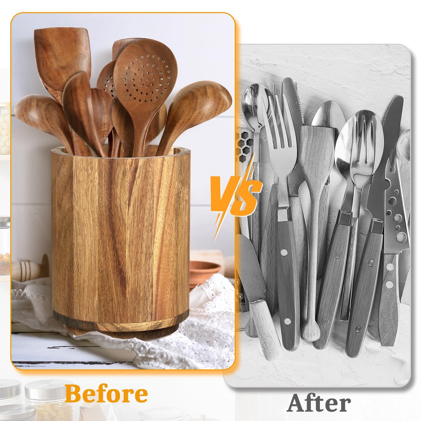 Wooden Utensil Holder for Kitchen Counter - 360° Rotating Acacia Cooking Utensil Holder ＆ Large 7.2"x 6" Round Utensils Holder Organizer with Wood Spoon Holder for Countertop Farmhouse Kitchen Decor