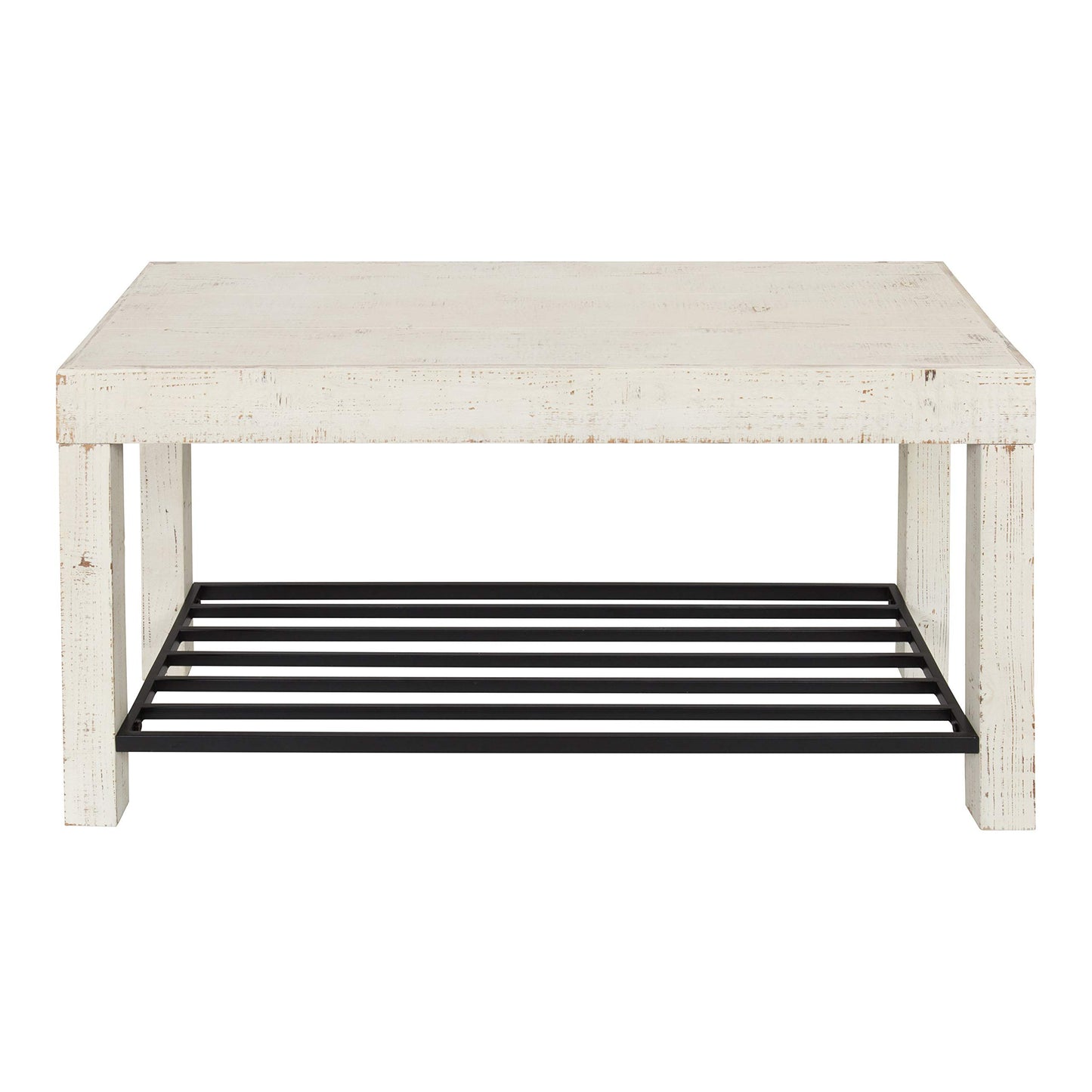 Kate and Laurel Jeran Rustic Farmhouse Bench with Iron Shoe Shelf, 36" x 14" x 20", White, Chic Entry Bench for Decor or Storage - WoodArtSupply