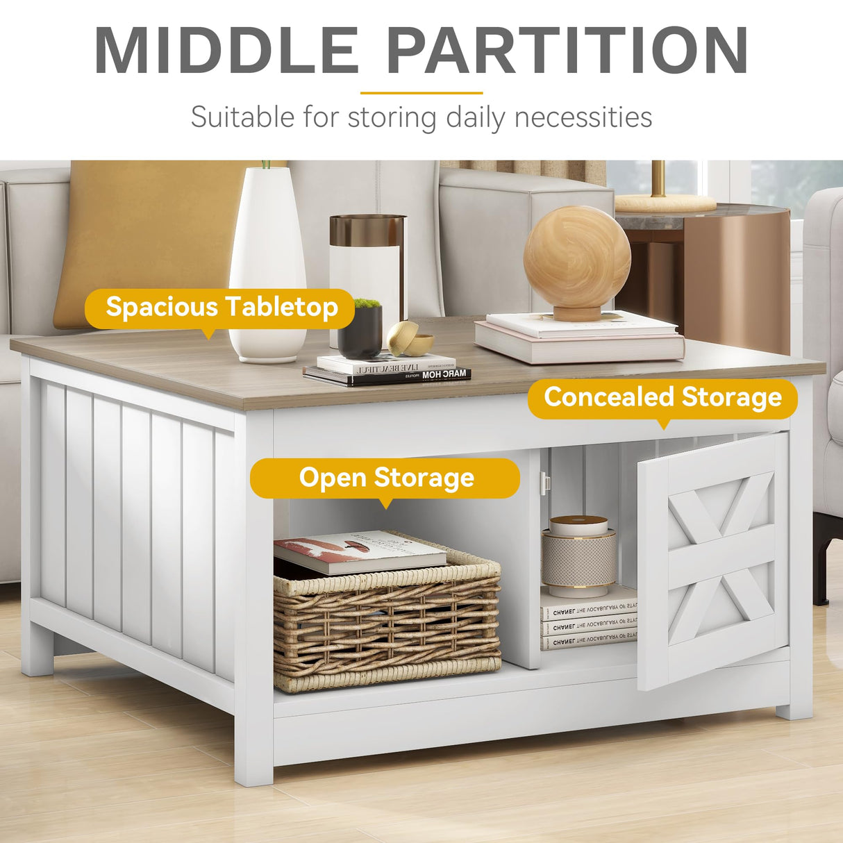 DWVO Farmhouse Storage Coffee Table: Wooden Square Center Table with Sliding Barn Door, Half Open Storage for Living Room, Grey/White DWVO