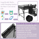 Queen Loft Beds with Storage Beside Shelves and Wardrobe, Metal Loft Bed Queen with LED Lights and USB Ports, Heavy-Duty Loft Bed Frame for Teens, Adults, Noise-Free & Space-Saving, Metal Black Bellemave