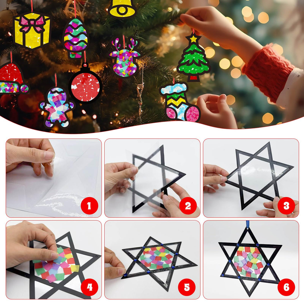 32 Set Christmas DIY Craft Kits，Christmas Tissue Paper Sign Craft Kit Christmas Tree Ornaments Suncatchers Craft Craft for Winter Xmas Classroom School Decorations DIY Art Project Activities Cinrobiye