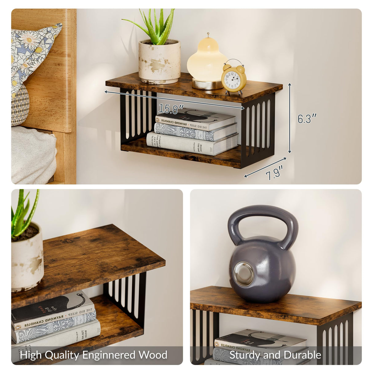 Floating Nightstand Set of 2, 2-Tier Floating Shelves Wall Mounted,Floating Bedside Table Wall Shelf,Display Wall Shelves for Bedroom,Living Room, Bathroom, Kitchen,Rustic Brown YUJSBHJAN