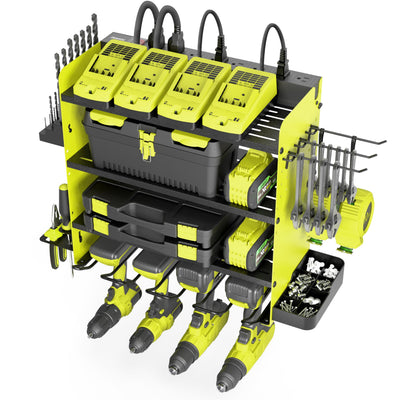 ZEAKOC Power Tool Organizer with Charging Station, 4 Layers Drill Holder Wall Mount,Metal Garage Rack with 10A Power Strip,Tool Shelves with Hooks,Drill Bit Storage, for Men Dad (Green&Black)