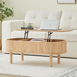 Fluted Lift Top Coffee Table with Hidden Compartment, Fully Assembled Wooden Center Table, Modern Oval Lift Tabletop for Home Living Room Office, Natural ORRD