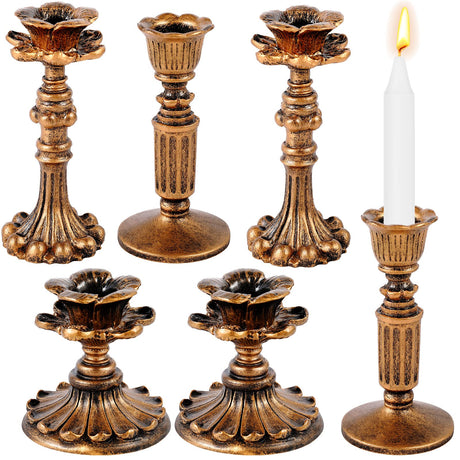 Suclain 6 Pcs Vintage Candlestick Holders Taper Resin Candle Holder Retro Antique Candle Holder Floral Decorative Candlesticks for Wedding Anniversary Table Centerpieces Fireplace Home Decor(Bronze) Suclain