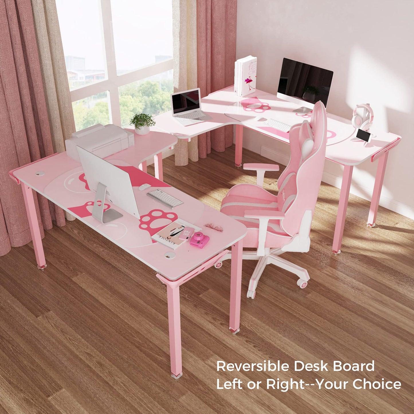 It's_Organized 61 Inch L Shaped Gaming Desk,Space-Saving Corner Desk with Cat Paw Mousepad,Modern PC Computer Study Writing Table for Girl,Easy to Assemble,Pink