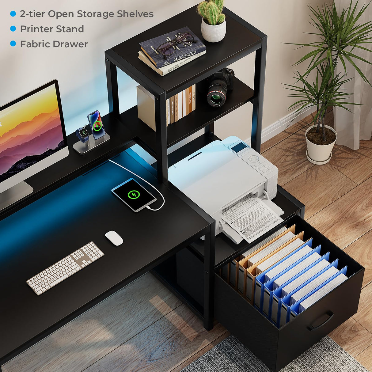 GreenForest Computer Desk with Drawers and Monitor Stand, Home Office Desk with Storage Shelves, Small Gaming Desk with Power Outlets and LED Lights for Study Writing Working, 51 inch Black GreenForest