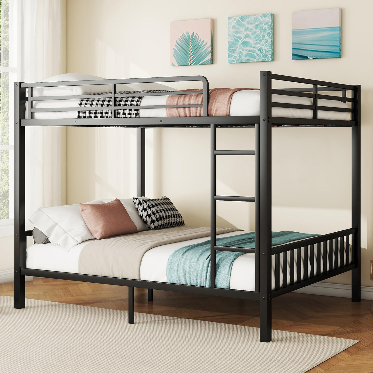 mikibama Queen Over Queen Bunk,Metal Heavy Duty Bunk Beds for Adults,Queen Bunk Bed with Built-in Ladder,Industrial Bunkbeds for Kids,Adult,Small Spaces,Space Saving. (Black, Queen Over Queen) mikibama