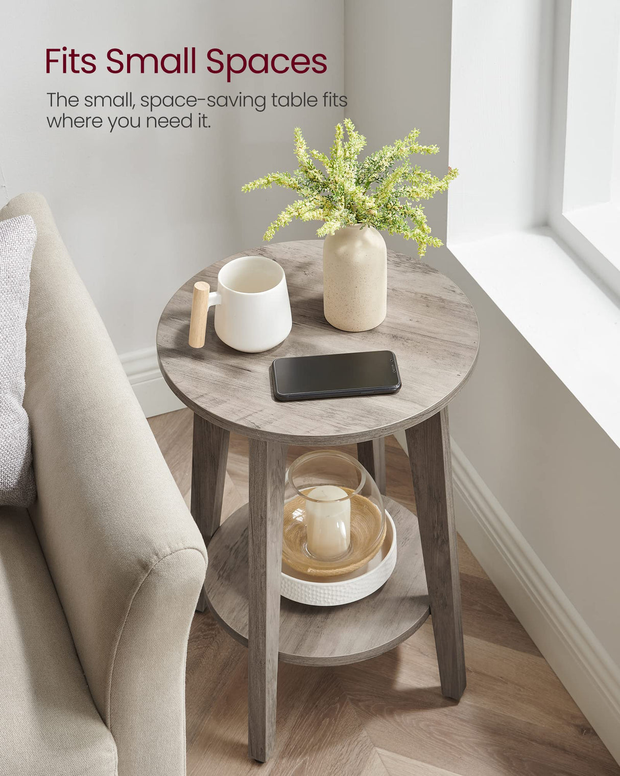 VASAGLE Side Table, Small Round End Table with Lower Shelf, Nightstand for Small Spaces, Living Room, Bedroom, Greige ULET283T02 VASAGLE