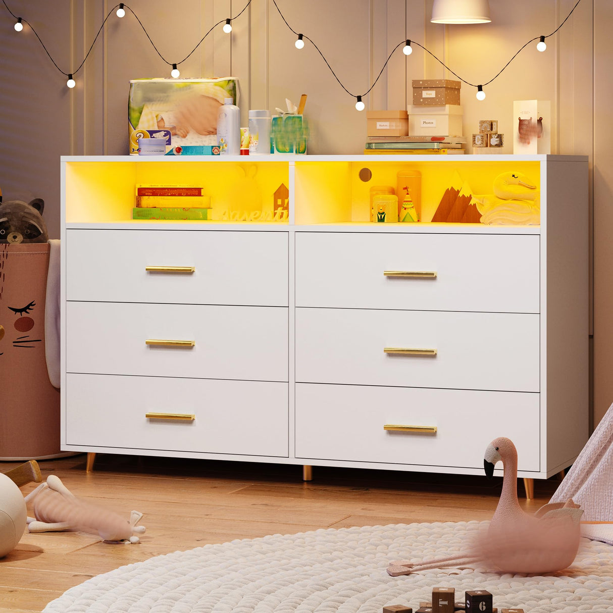 EnHomee 6 Drawer Dresser for Bedroom White Modern Dresser with LED Lights,Large TV Stand,Hallway,47.3" W x 39.4" H x 15.8" D, EnHomee
