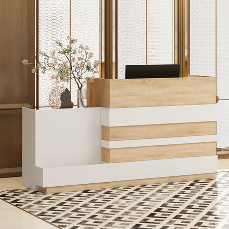 ECACAD Oak & White Reception Desk with Keyboard Tray, Retail Counter with Cabinet, Checkout Counter Table for Office Clinic Retail Lobby Salon ECACAD