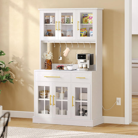 YITAHOME 71'' Kitchen Pantry Storage Cabinet with Microwave Stand, Tall Freestanding Hutch Cabinet with Power Outlet, Pantry Cabinet with Buffet Cupboard, Drawers and Acrylic Doors for Home, White YITAHOME