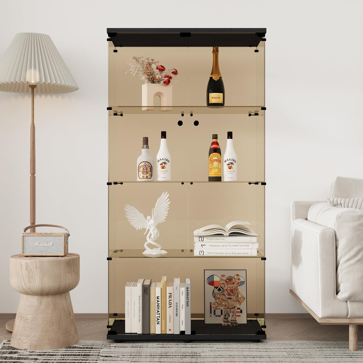 LFT HUIMEI2Y 4-Shelf Brown Glass Display Cabinet with Double Doors, Curio Cabinets Tempered Glass Floor Standing Bookshelf for Bedroom, Kitchen, Living Room 64”x 17”x 14.5” Black LFT HUIMEI2Y