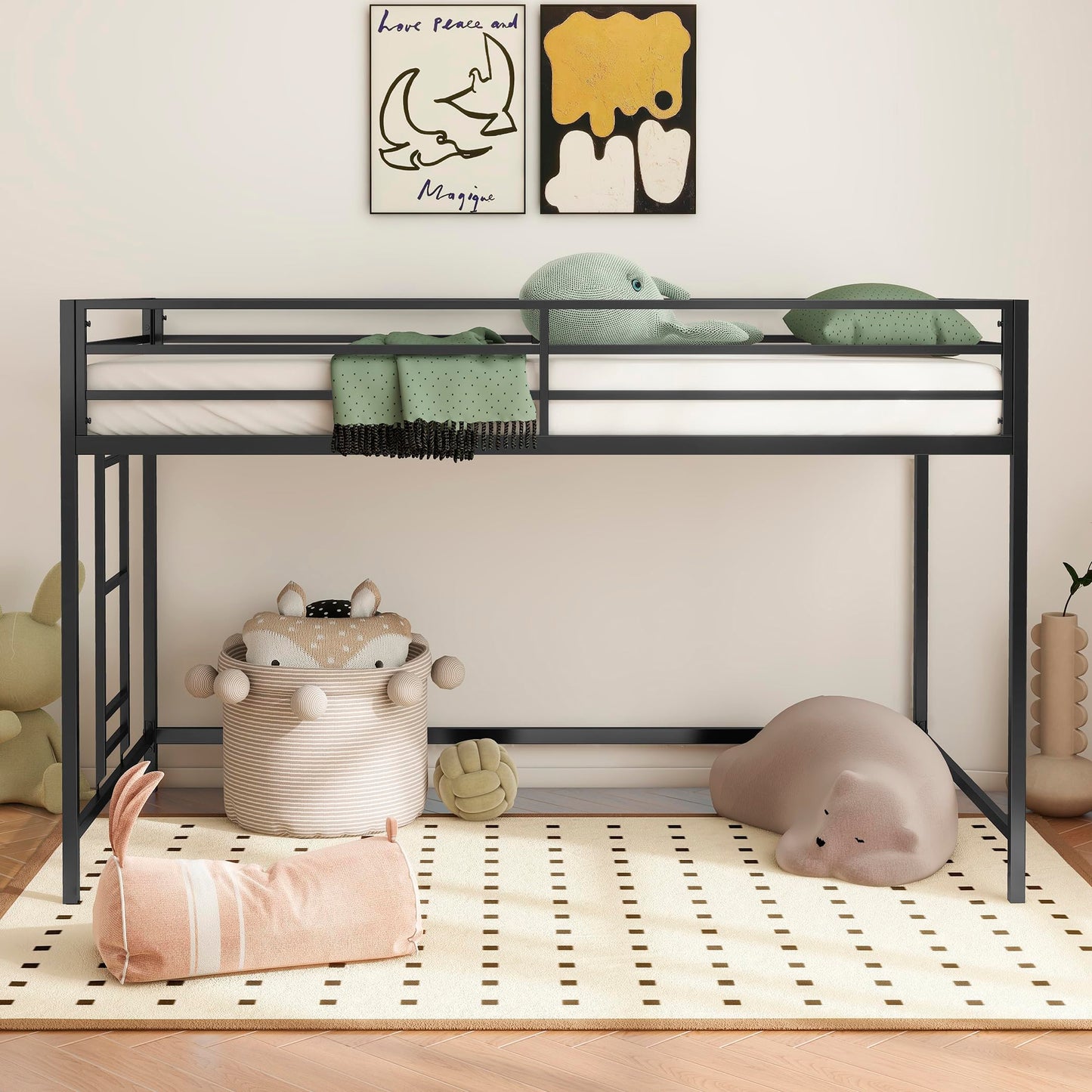 Twin Size Low Loft Bed for Kids,Metal Loft Bed Frame for Boys Girls,Kids Loft Bed Twin Size,Junior Low Loft Bed, Black