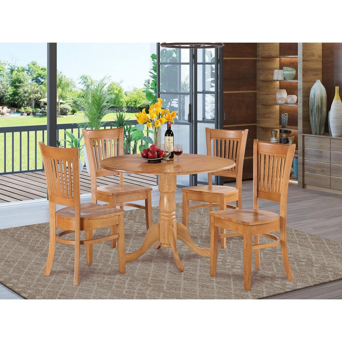 East West Furniture DLVA5-OAK-W Dublin 5 Piece Modern Set Includes a Round Wooden Table with Dropleaf and 4 Dining Room Chairs, 42x42 Inch - WoodArtSupply