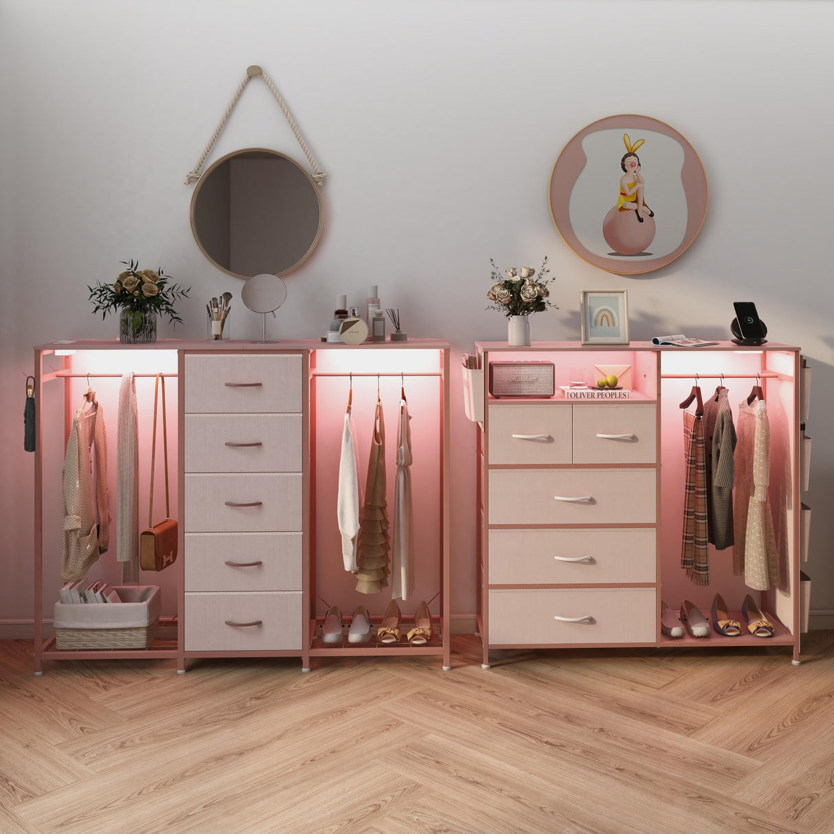 Espelism Dresser for Bedroom with Clothes Rack 5 Drawer Dresser with Charging Station LED Lights White Chest of Drawers Flexible Shelf and Open Storage Space for Bedroom Living Room (Pink) Espelism