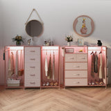 Espelism Dresser for Bedroom with Clothes Rack 5 Drawer Dresser with Charging Station LED Lights White Chest of Drawers Flexible Shelf and Open Storage Space for Bedroom Living Room (Pink) Espelism