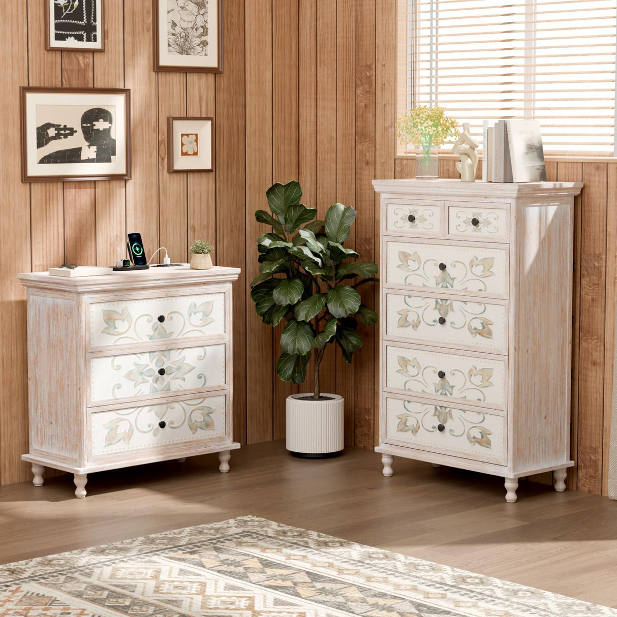 VINGLI Washed White Dresser with Charging Station, 3 Drawer Dresser Boho Wood Chest of Drawers, Wooden Dressers with Drawers and Solid Wood Legs VINGLI