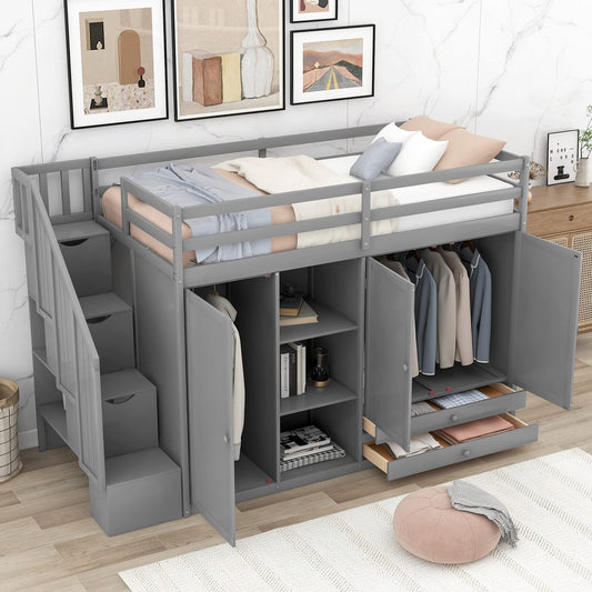 Bellemave Twin Size Loft Bed with Stairs, Solid Wood Loft Bed with Storage, Functional Loft Bed with 3 Shelves, 2 Wardrobes and 2 Drawers, No Box Spring Needed - Gray