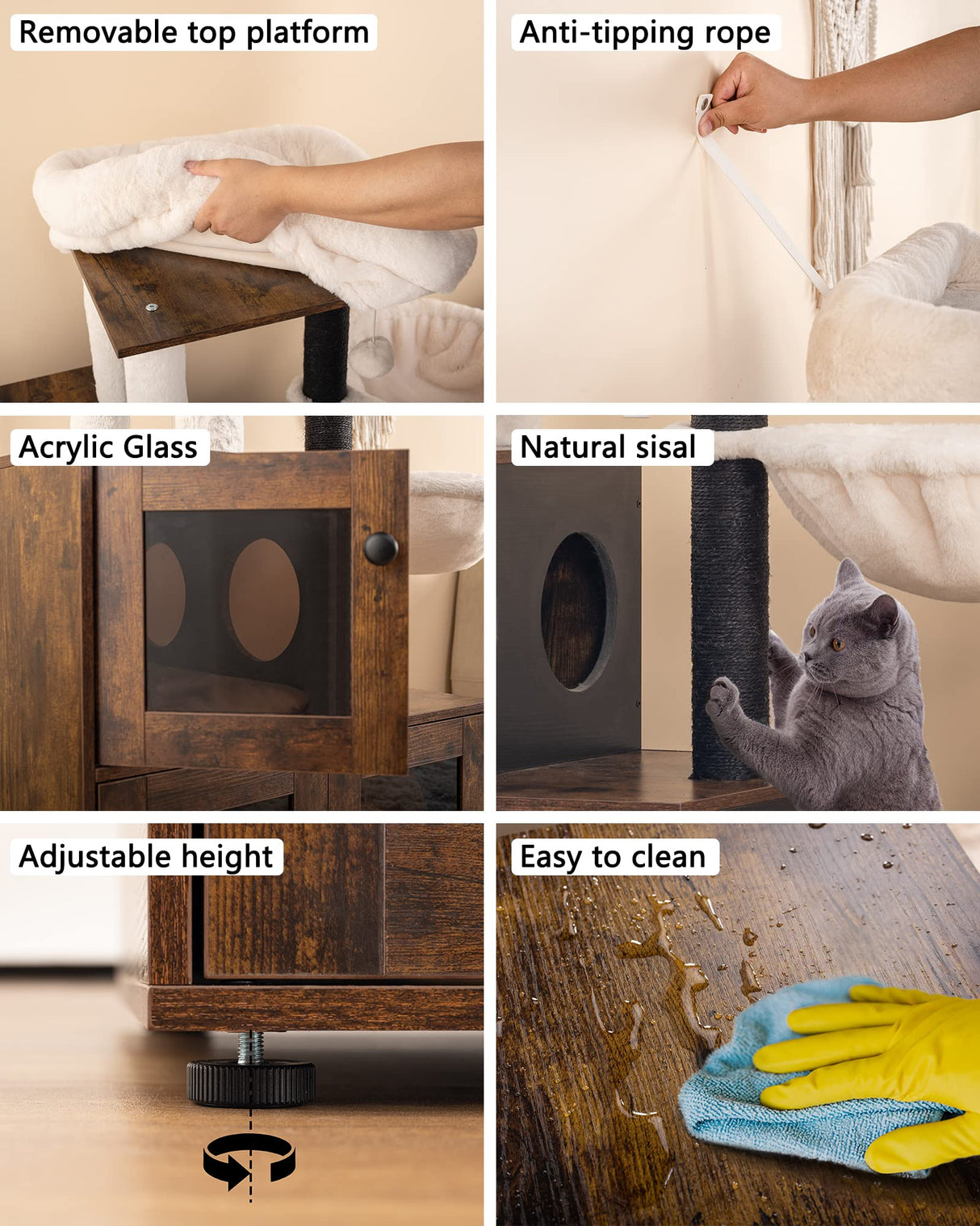 Fourfurpets Multipurpose Litter Box Enclosure with Cat Tree, Acrylic Doors and Windows, with Large Platform, Cat House, Full Sisal Posts, Removable Washable Cushion, Rustic Brown FourFurPets