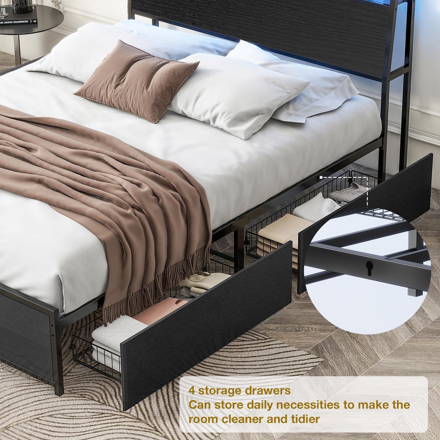 EtherealZYF Black Queen Bed Frame with LED Headboard, Charging Station & 4 Storage Drawers - WoodArtSupply