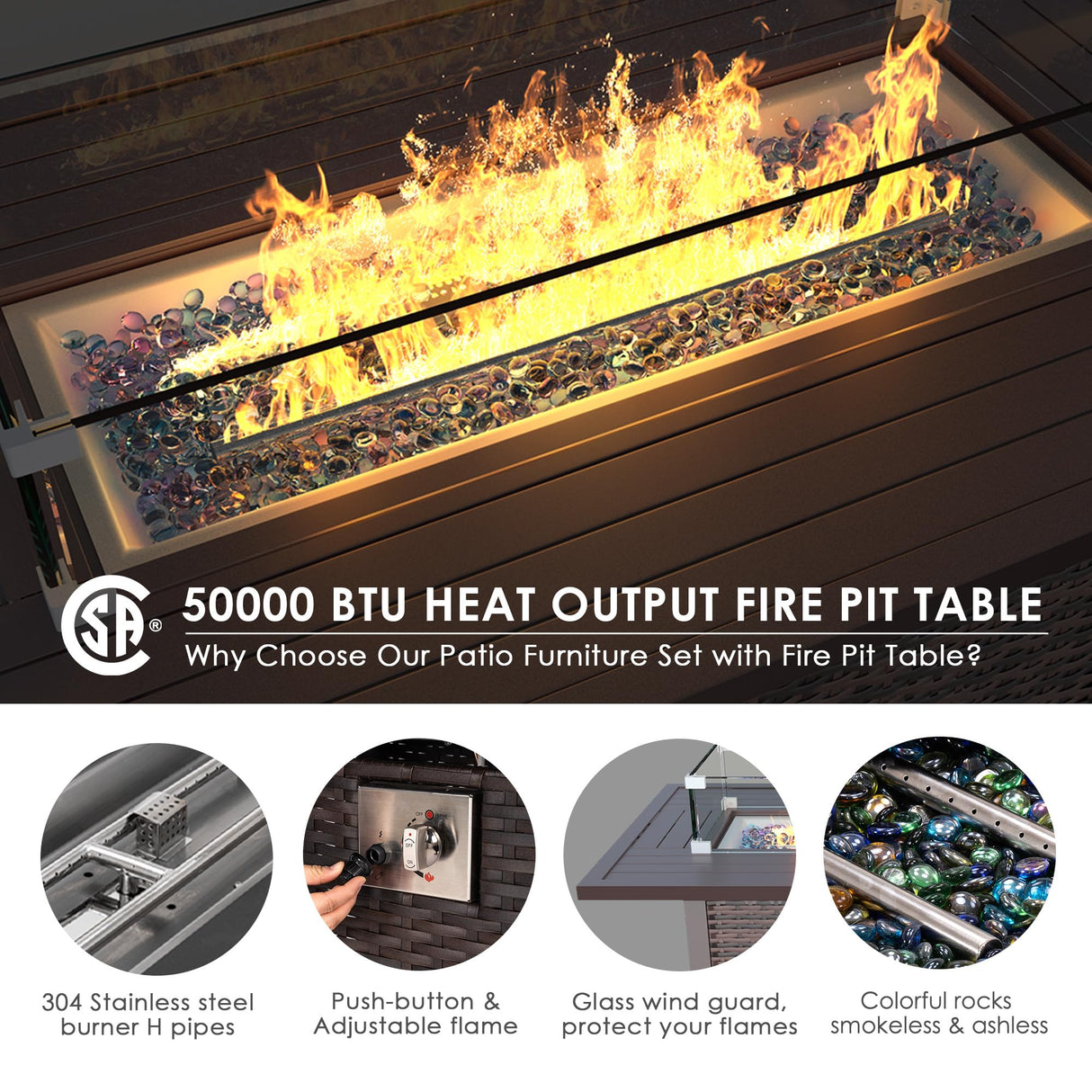 Amopatio 8 Piece Outdoor Patio Furniture Set with 44” Fire Pit Table Rattan Conversation Sectional Sets, Patio Couch with Tempered Glass Tea Table, Thickened Navy Cushions for Porch Backyard Lounge Amopatio