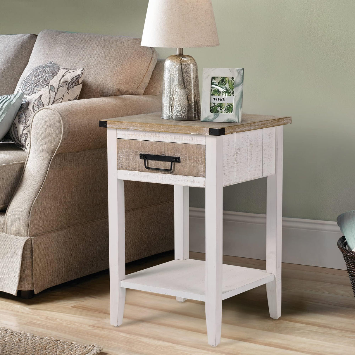 RUSTOWN Farmhouse Bedside Table Set of 2, Rustic Nightstand with Drawers and Open Shelf, Side Table End Tables for Bedroom/Living Room/Lounge (Vintage White) RUSTOWN