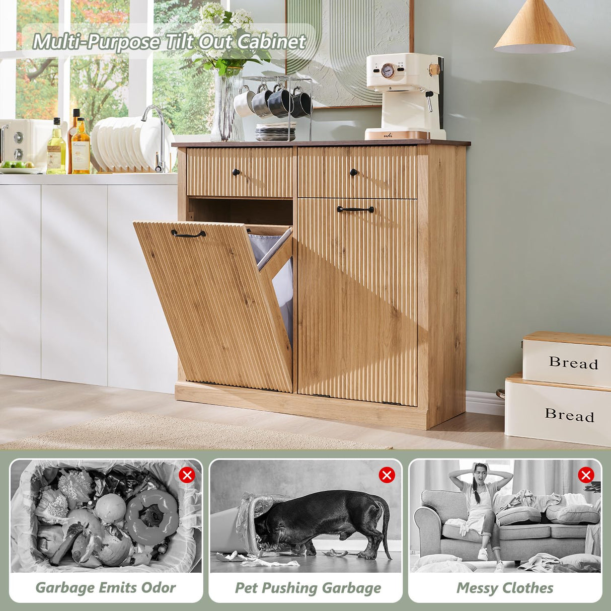 IFGET Modern Double Tilt-Out Trash Cabinet, 20 Gallon Fluted Laundry Hamper Cabinet with 2 Drawers, Wooden Hidden Garbage Can Cabinet with Storage Basket for Kitchen & Living Room, Natural Oak IFGET