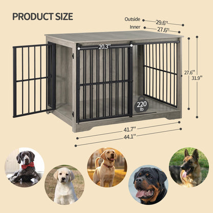 Hzuaneri Dog Crate Furniture, 44" Double Door Dog Crate with Barn Door, Dog Kennel Indoor, End Side Table Wooden Dog Crate for Small Medium Large Dog, Anti-Chew Anti-Escape, Greige - WoodArtSupply