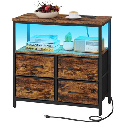 TUTOTAK LED Night Stand with Charging Station, Large Nightstand with USB and Type-C Port, Bedside Table with Cloth Drawers, End Table for Livingroom, Bedroom, Brown TB01BB081L